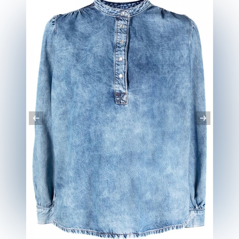 Ganni Stand-Collar Denim Top blue cotton shirt blouse chambray pearl snap